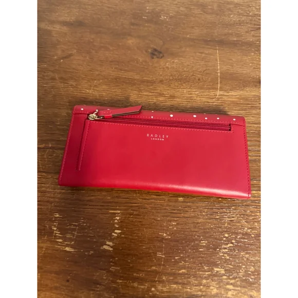 Radley London Red Leather Wallet Penguin Dog Appliqué Slim Bifold Zip Coin Purse - Picture 6 of 8